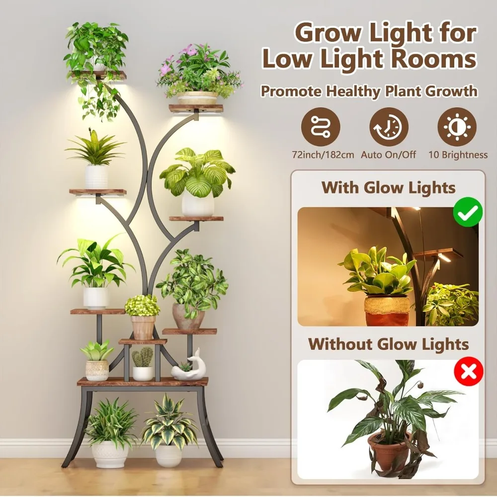 

Indoor Plant Stand with Grow Lights 62 Inch Tall Metal Shelf Flower Holder Anti-Tip