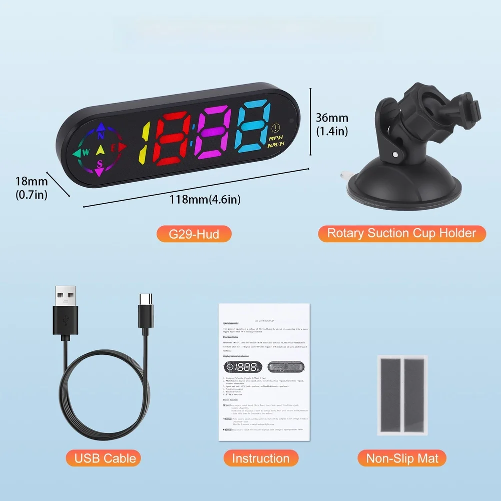 Car HUD System for Trucks SUVs RVs with Speedometer Compass Direction Travel Distance and Auto Brightness Adjustment