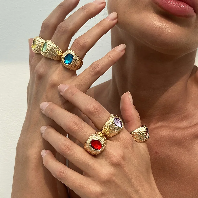 Luxurious Rainbow Crystal Zircon Open Metal Thick Ring For Women Aesthetic Waterproof Party Wedding Trend Vintage Jewelry Gifts