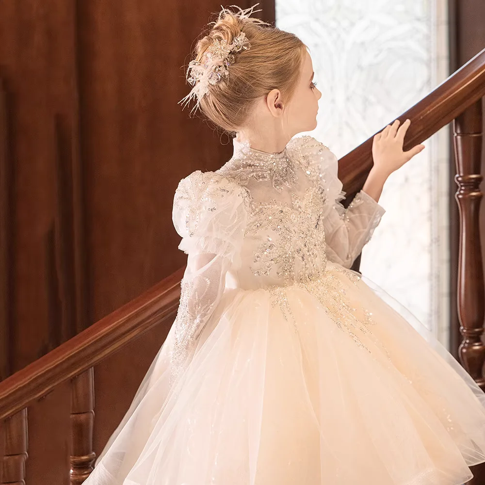 白いフラワーガールドレス ビーズ付きプリンセス長袖幼児子供結婚式1歳の誕生日ページェントパーティードレスJ437