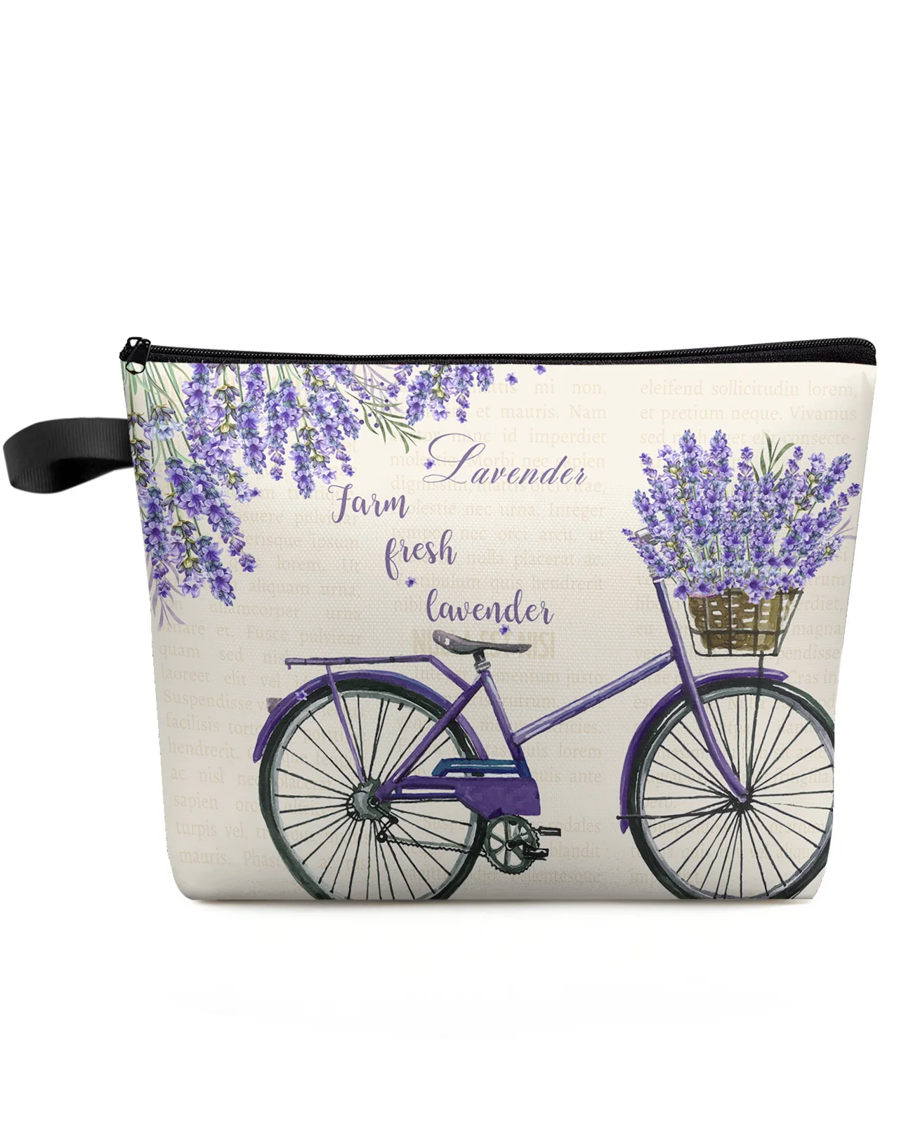 Farm Purple Fresh Flower Lavender Bicycle Custom Travel Cosmetic Bag Portable Makeup Storage Pouch Women Waterproof Pencil Case