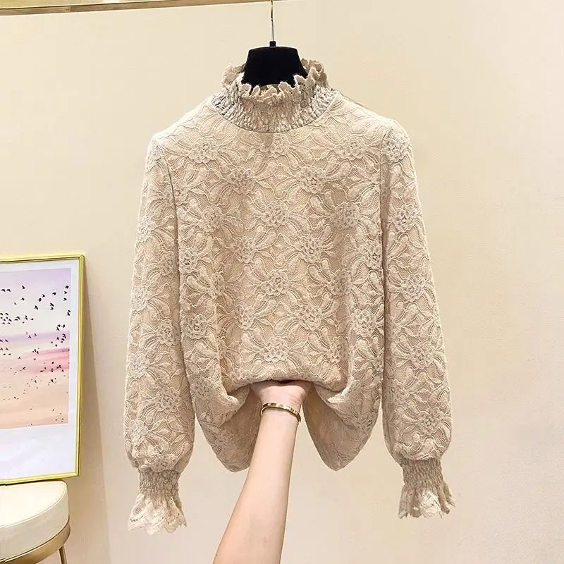 Women's Thick Lace Bottom Autumn Winter New Fashion Chic Solid Half High Neck Patchwork Ruched Long Sleeve Pullover Slim Tops