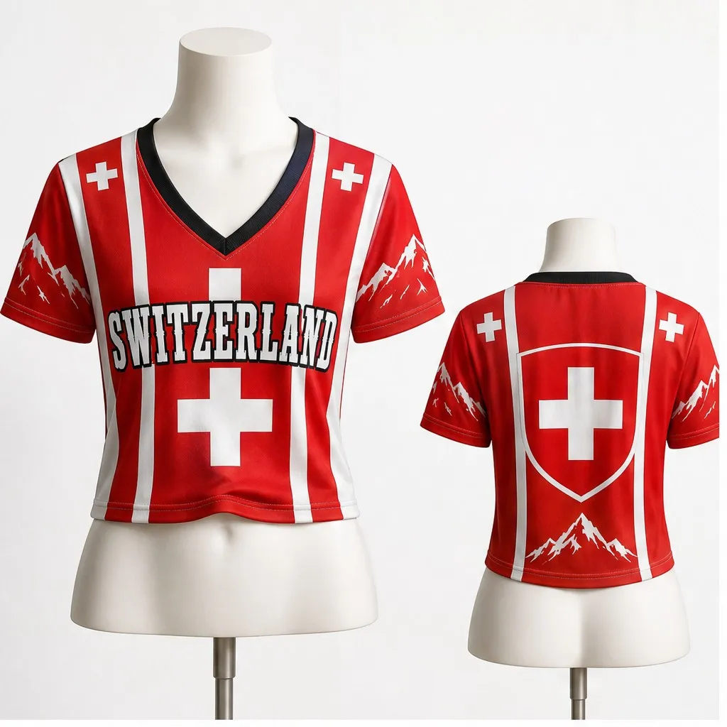 Women V Neck Cropped Tee Switzerland Bold Cross Graphic Short Sleeve Summer Casual Top With Sporty Stripe Back Design Daily Look