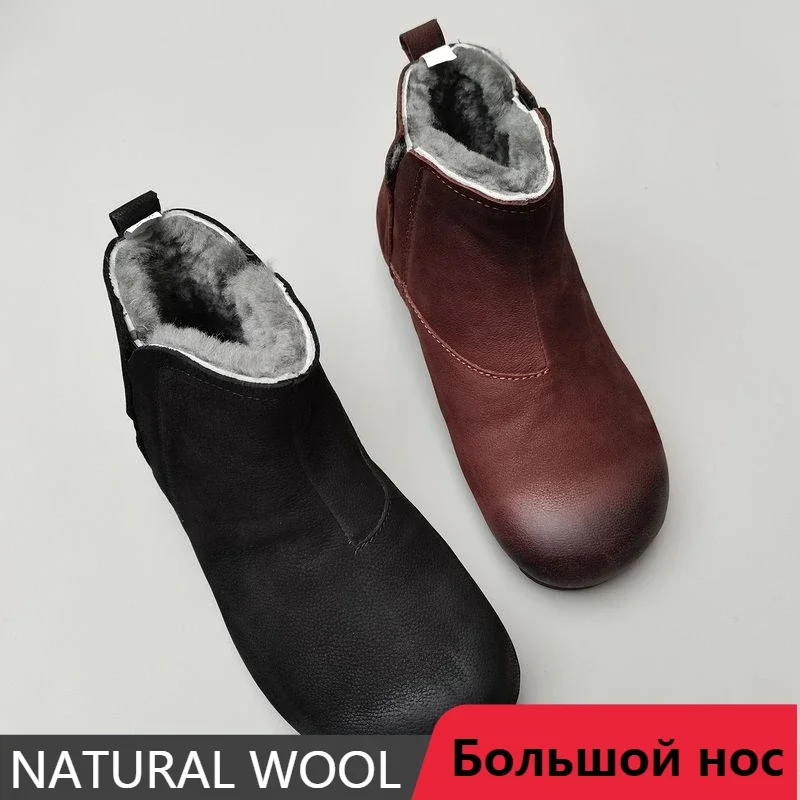 

Sheepskin women's boots fur men's barefoot shoes genuine leather natural wool flat unisex short snow boots winter лоферы обувь