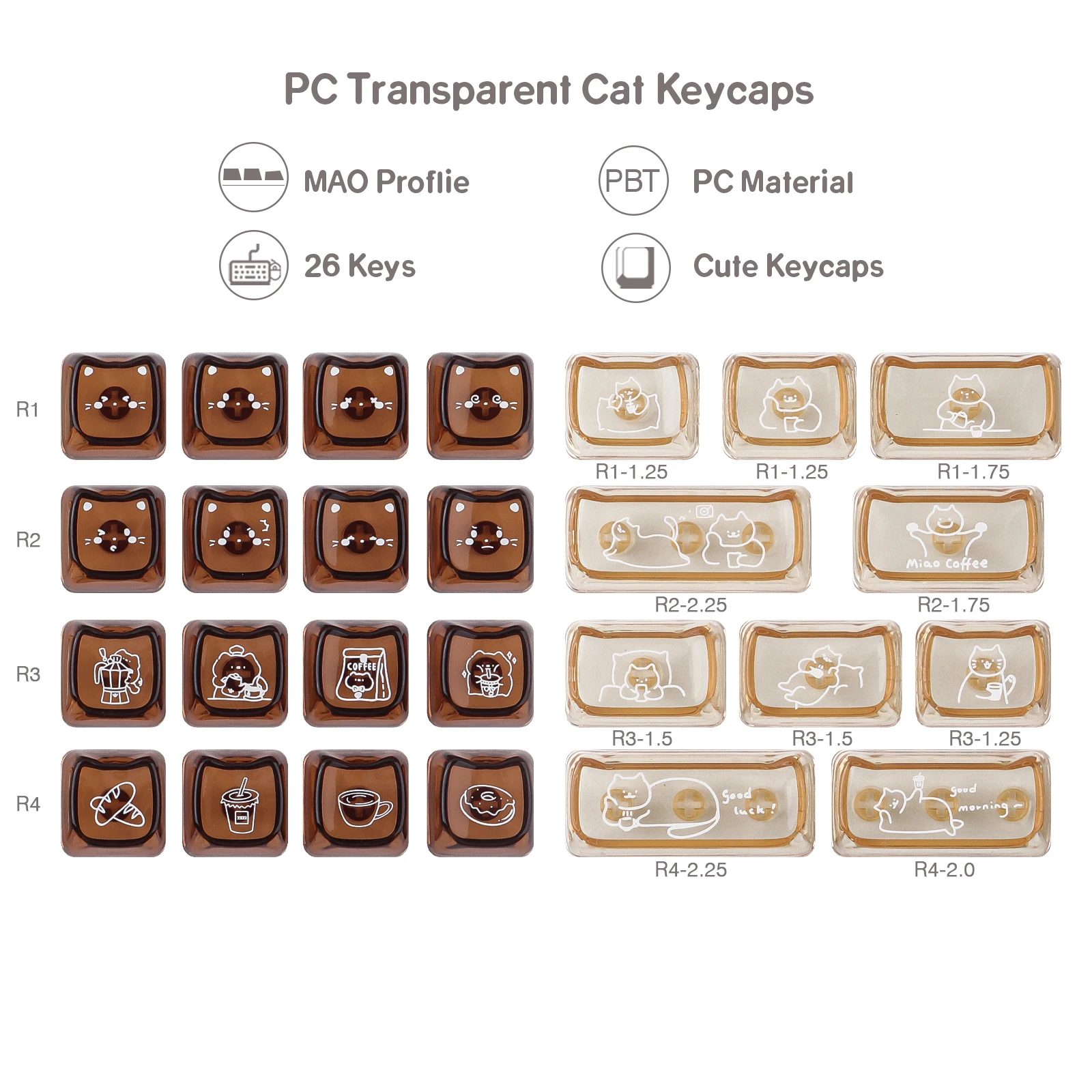 أغطية مفاتيح للكمبيوتر الشخصي 26 مفتاحًا MAO Profile Coffee Kitten أغطية مفاتيح مواد شفافة مصبوغة للوحة المفاتيح الميكانيكية #3