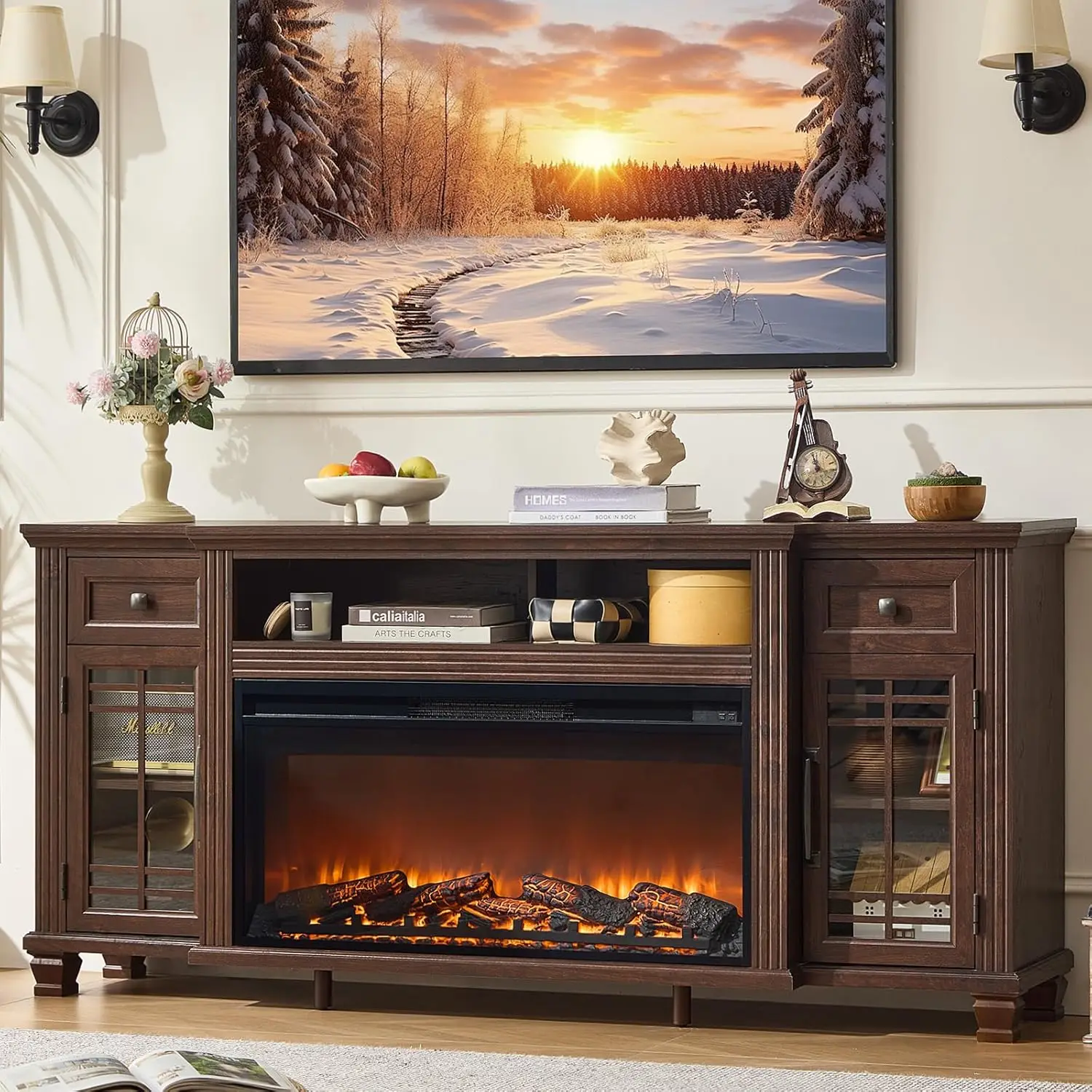 

70" Fireplace TV Stand 36" Silent Electric Fireplace Farmhouse Entertainment Center 80" TV 2 Drawers Glass Door Walnut Living Ro