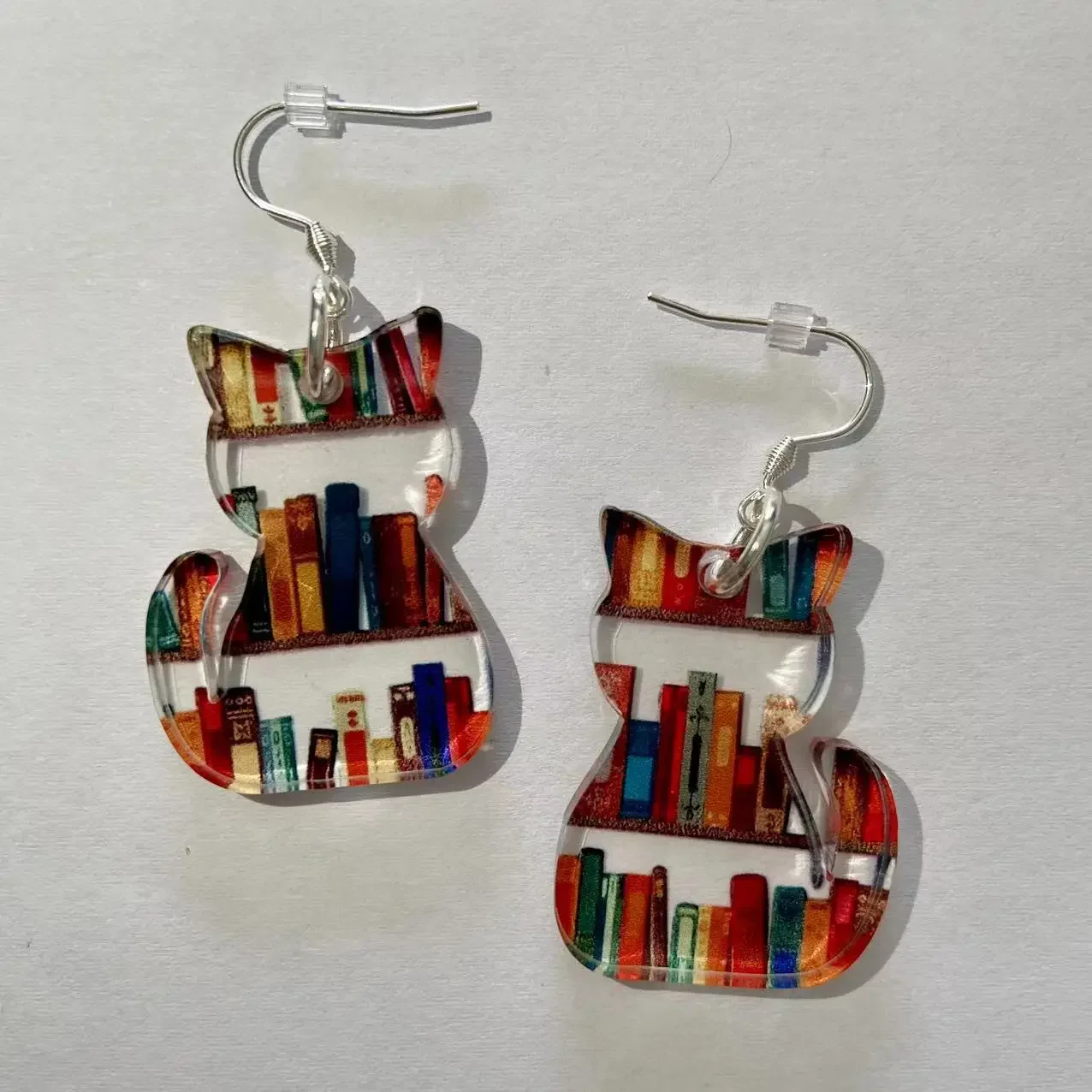 Cat Earrings with Books Acrylic Bookish Cat Lover Gifts for Avid Reader Book Themed Cat Mom Dangle Earrings