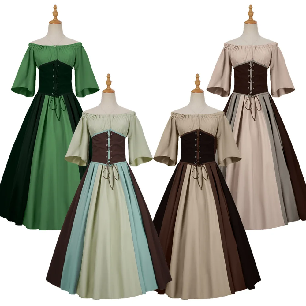 

Medieval Retro Color-blocking Slim Dress With Fluttering Sleeves Flared Skirt And One-shoulder Design Women's Cosplay Costume