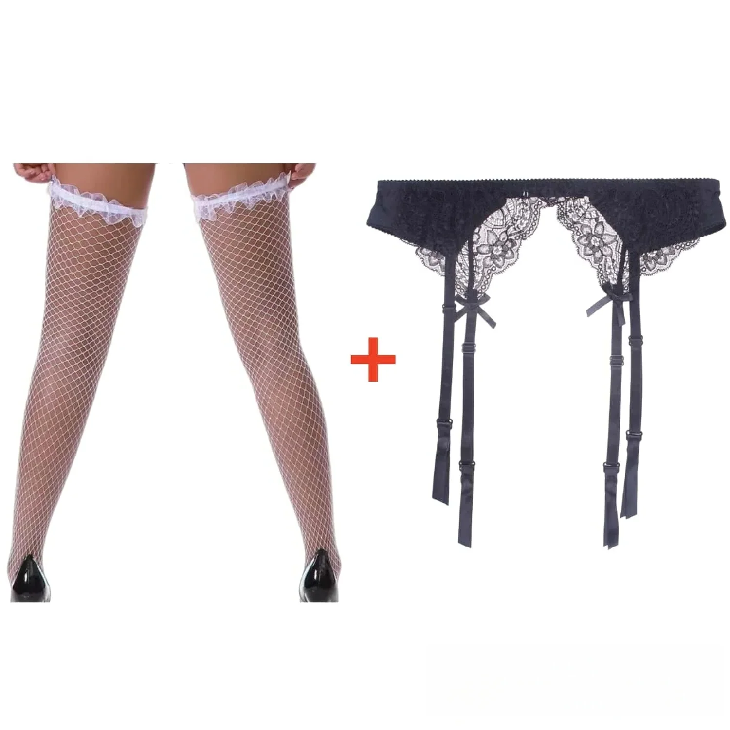

2PCS Black White Red Plus Size Women Suspender Garter Belt with socks Sheer Lace Fishnet Stockings Lingerie Set for Woman XL