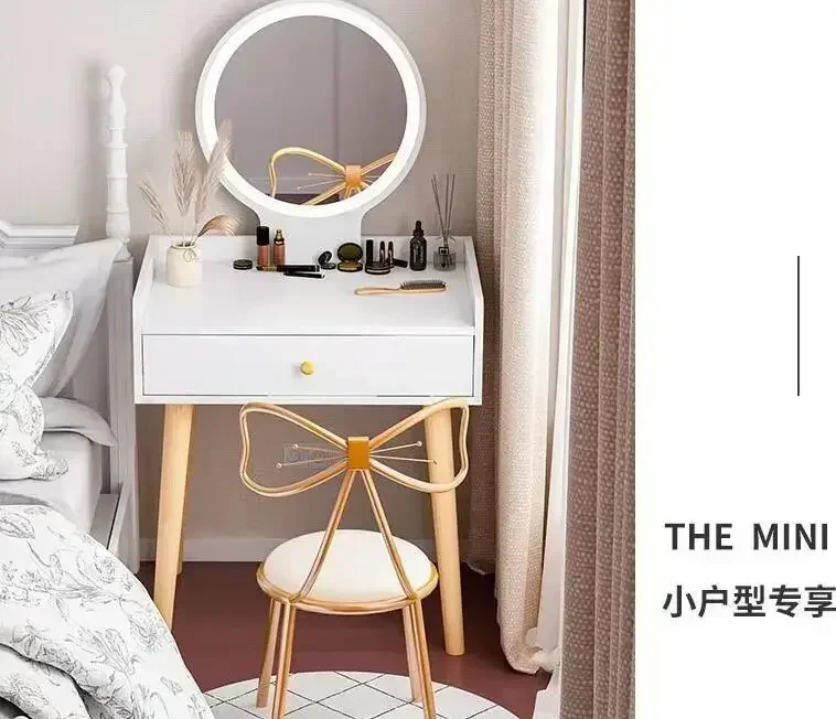 Meja Rias 50/60/70Cm dengan Layar Sentuh Cermin Menyala dengan Laci Set Meja Rias Rias Kamar Tidur Rak Penyimpanan Meja Rias