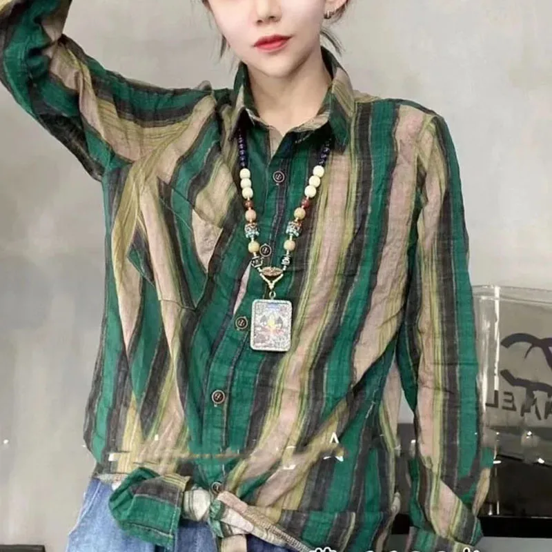 Spring Autumn New Women\'s Korean Version POLO Collar Stripes Button Pockets Spliced Fashion Loose Casual Long Sleeve Shirt Tops