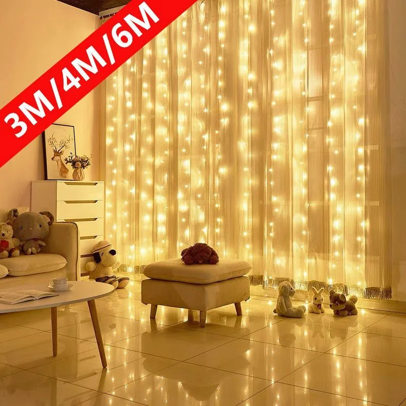 6x3M LED Curtain String Lights Christmas Fairy Lights Garland For New Year 2024 Home Patio Party Wedding Home Outdoor Decoration