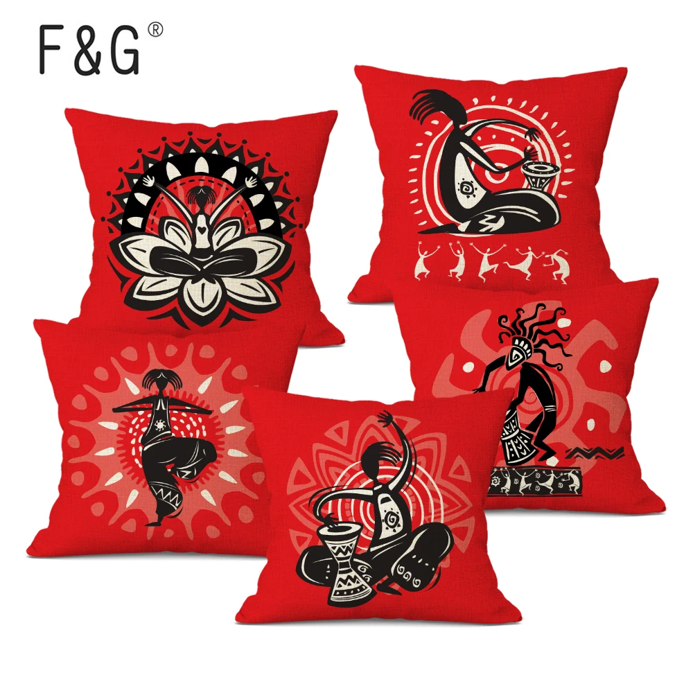 

African Style Cushion Cover Red African Tribal Totem Decorative Cushions Linen Throw Pillow Cover for Sofa Home Decor 45X45CM