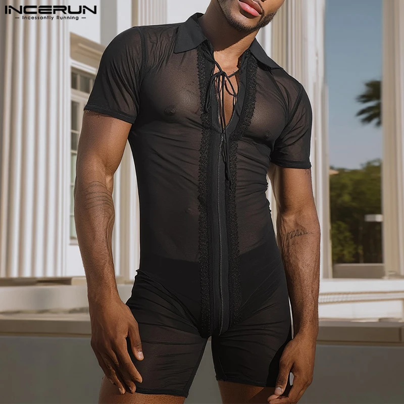 INCERUN Men Bodysuits Mesh Patchwork Lace See Through Lace Up Sexy Rompers Men Playsuits Summer 2025 Lapel Short Sleeve Bodysuit
