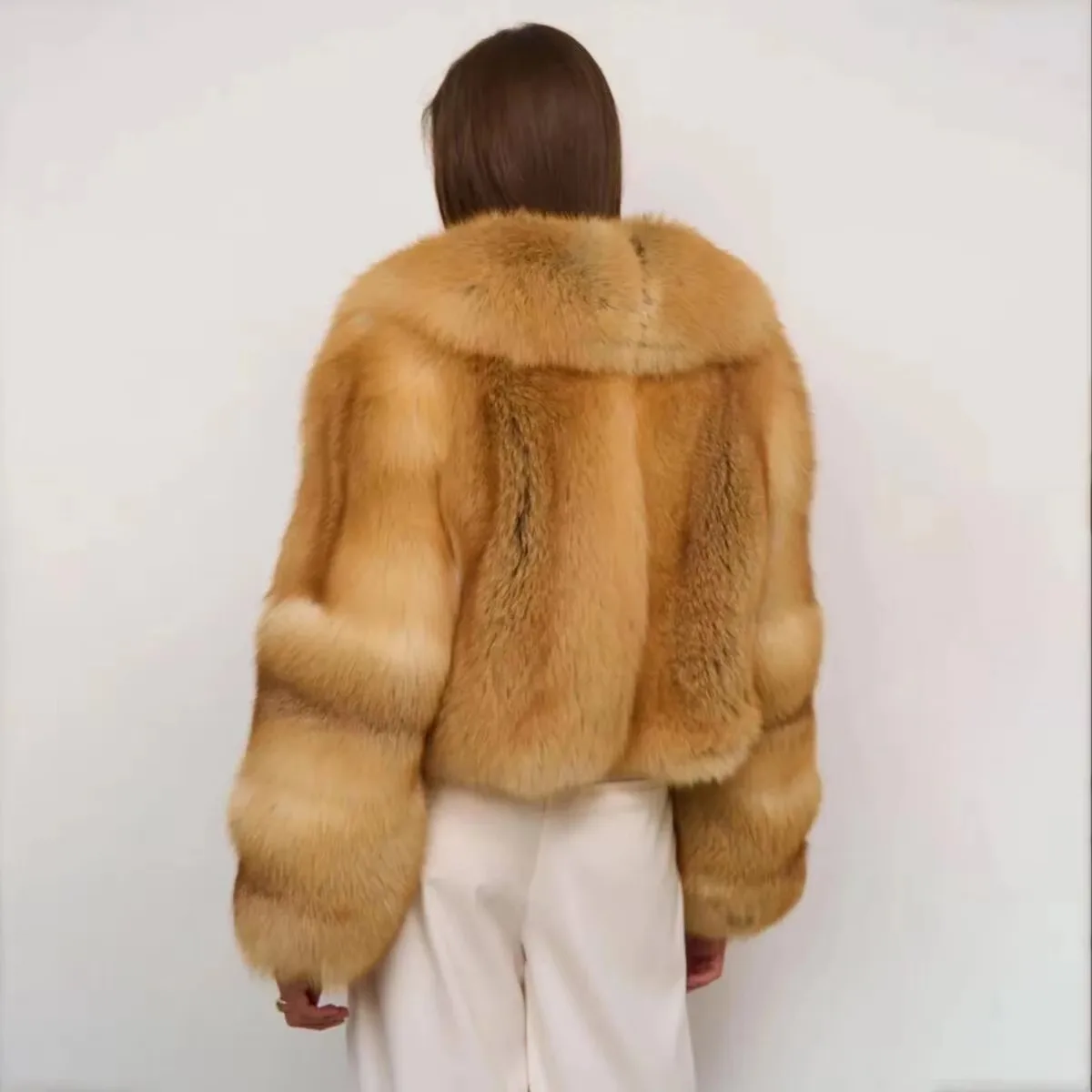 wide lapel faux fox fur jacket, cropped long sleeve fur coat, luxury warm winter outerwear, women elegant commuter plush jacket,