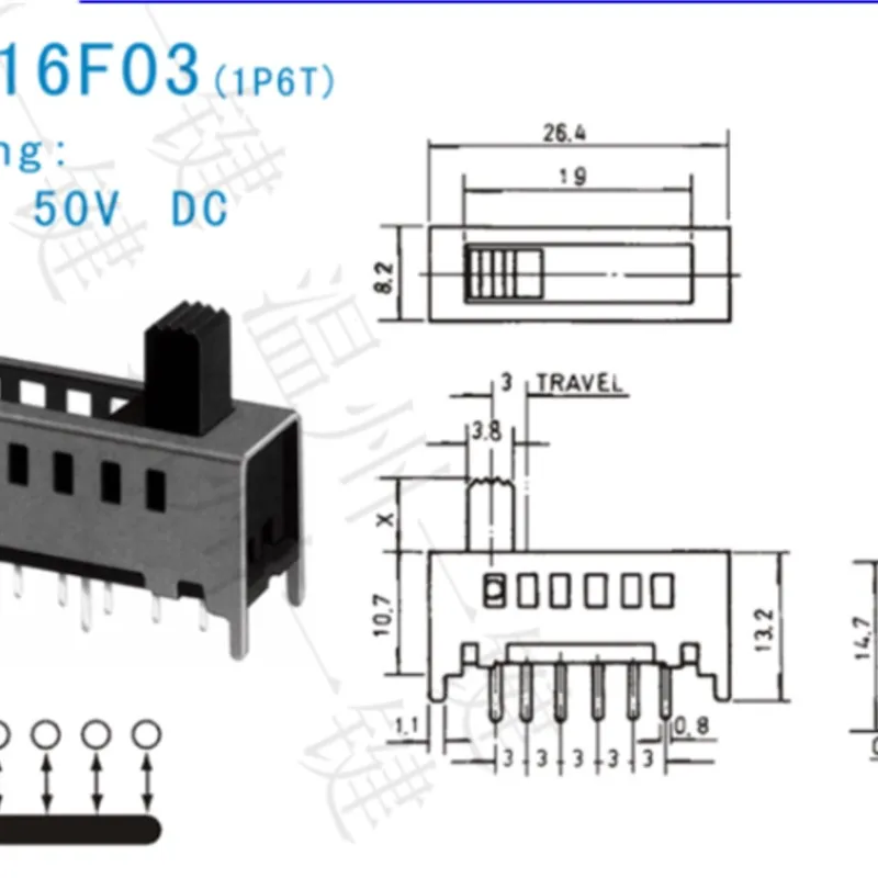 10PCS SS-16F03-G3 Single pole six throw 6 position slide switch 7 pin verticle type handle heights can be customized