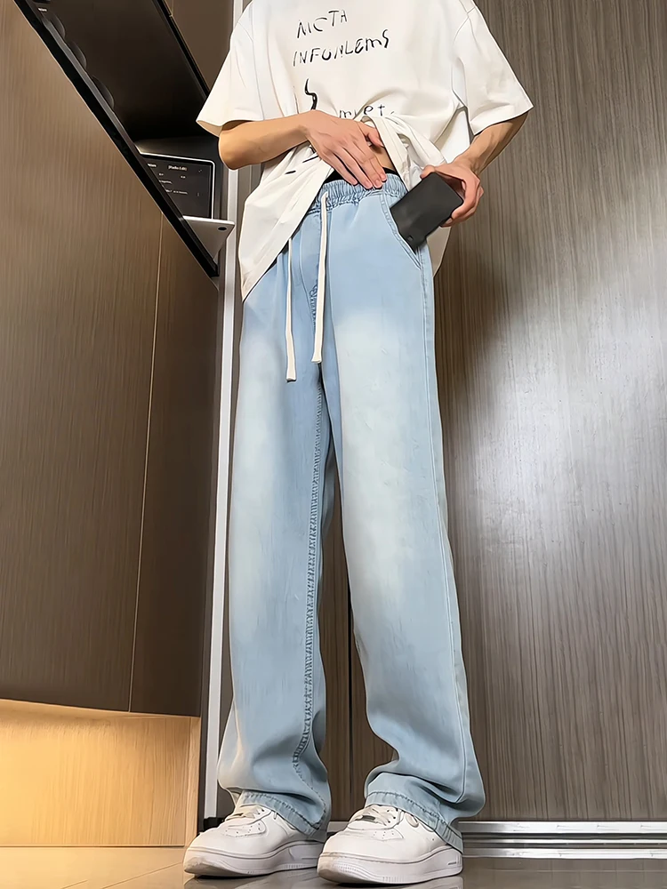 

Светло-голубые мужские летние тонкие джинсы из ледяного шелка прямого кроя в американском стиле, свободные, драпирующиеся, с широкими штанинами, дышащие, из вельвета.