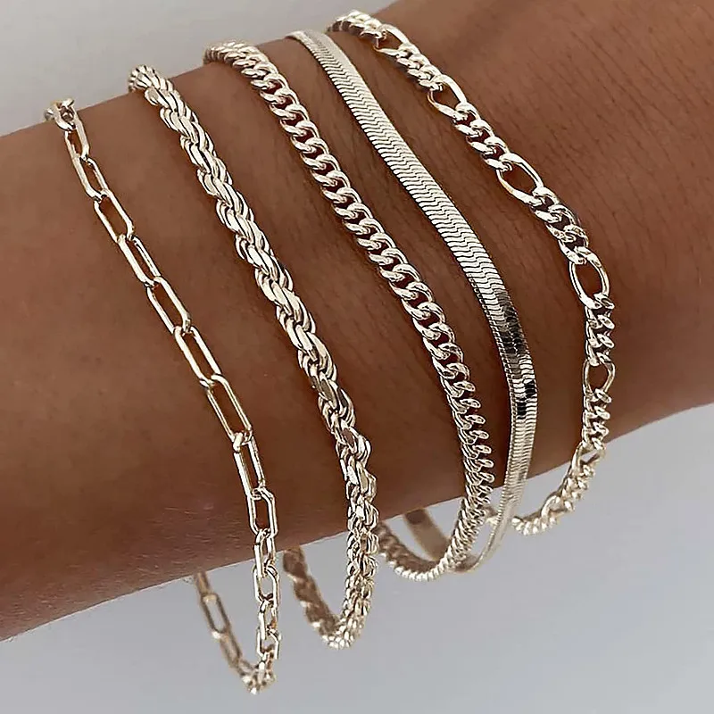 IPARAM 5Piece Chains Bracelet for Women Man Gold Color Silver Color Minimalist Bracelets Set Fashion Jewelry Gifts