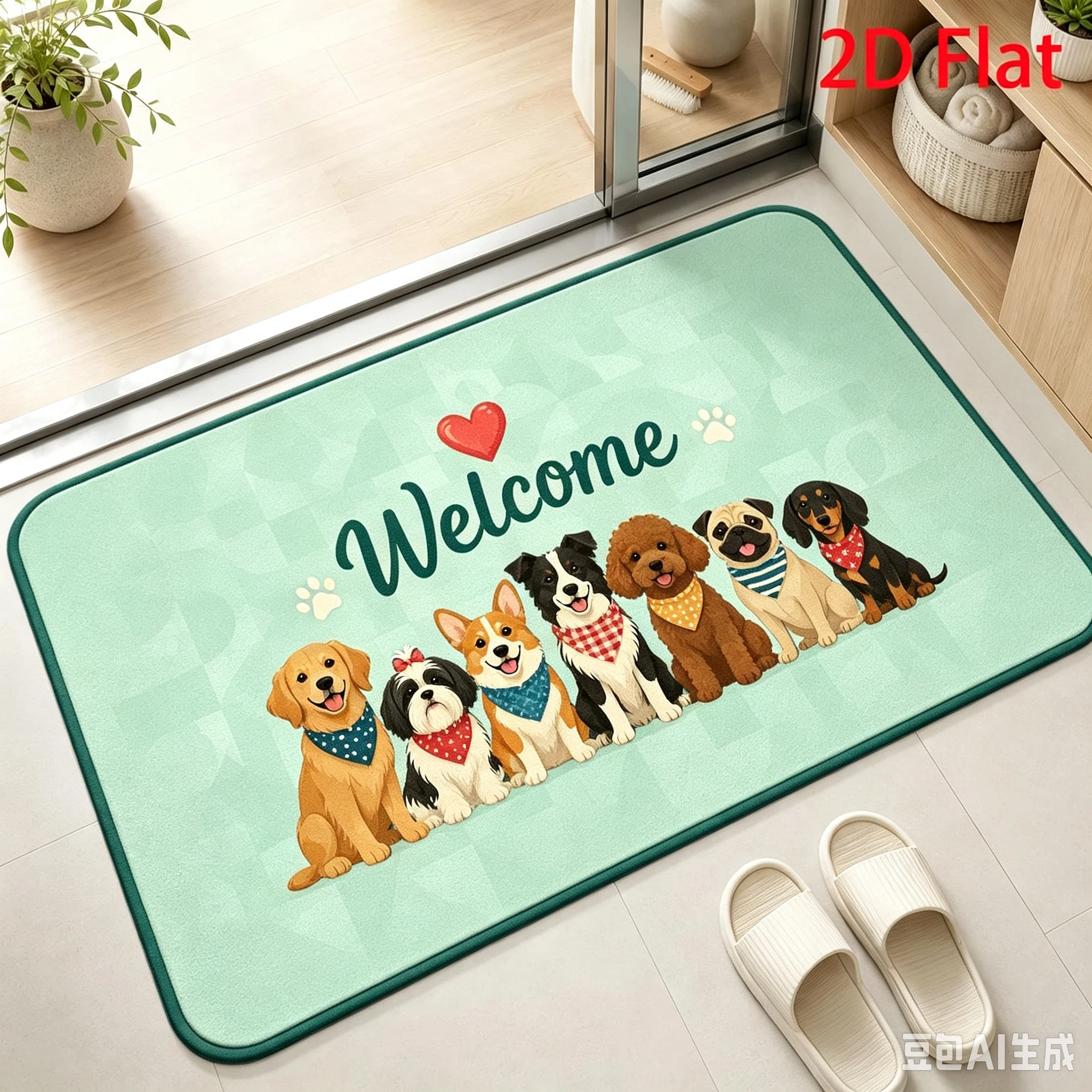Lovely Pet Decorative Floor Mat Welcome Cute Multi Breed Dog Heart Paw Print for Home Entryway Indoor Pet Lover Home Party Decor