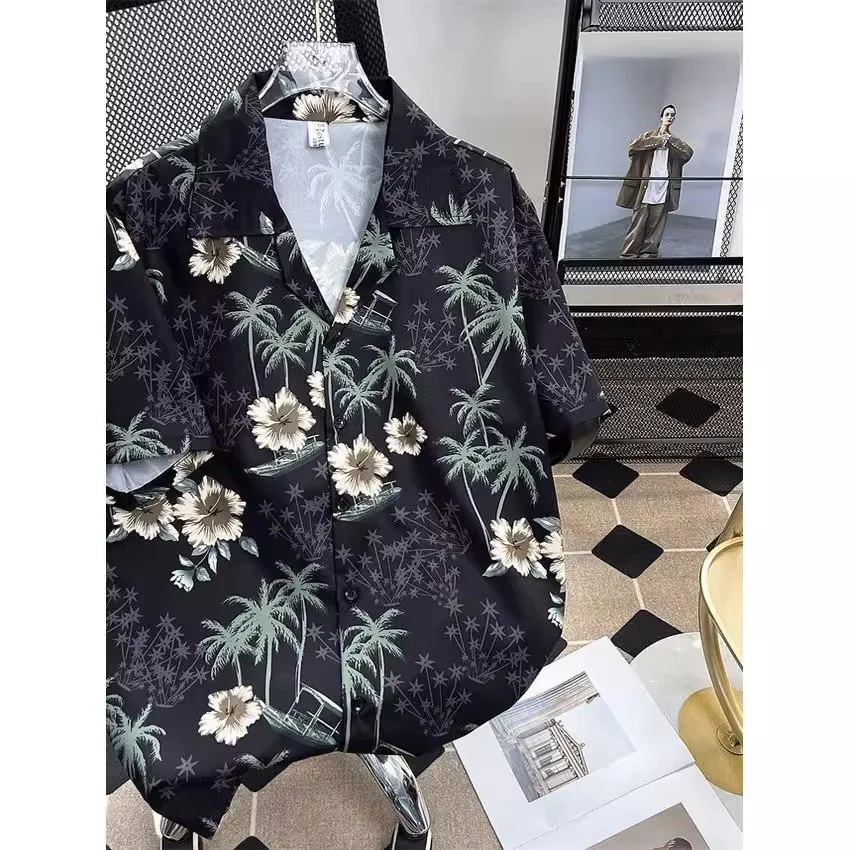 

Летняя мужская рубашка большого размера из ледяного шелка с коротким рукавом, с принтом кокосовых пальм и цветов, в пляжном повседневном стиле, стандартный крой, полиэстер