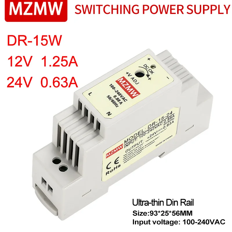 MZMW 15W 12V 1.25A 24V 0.63A 100-240V AC a DC alimentatore Switching su guida Din ultrasottile smps industriale DR-15-12 DR-15-24