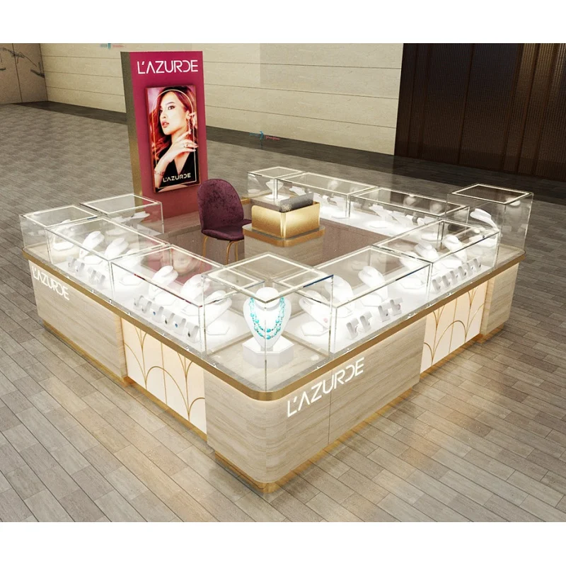 2025customized.Modern Jewelry Store Display Showcase Counter Wooden Glass Booth Jewelry Kiosk Island Shopping Mall