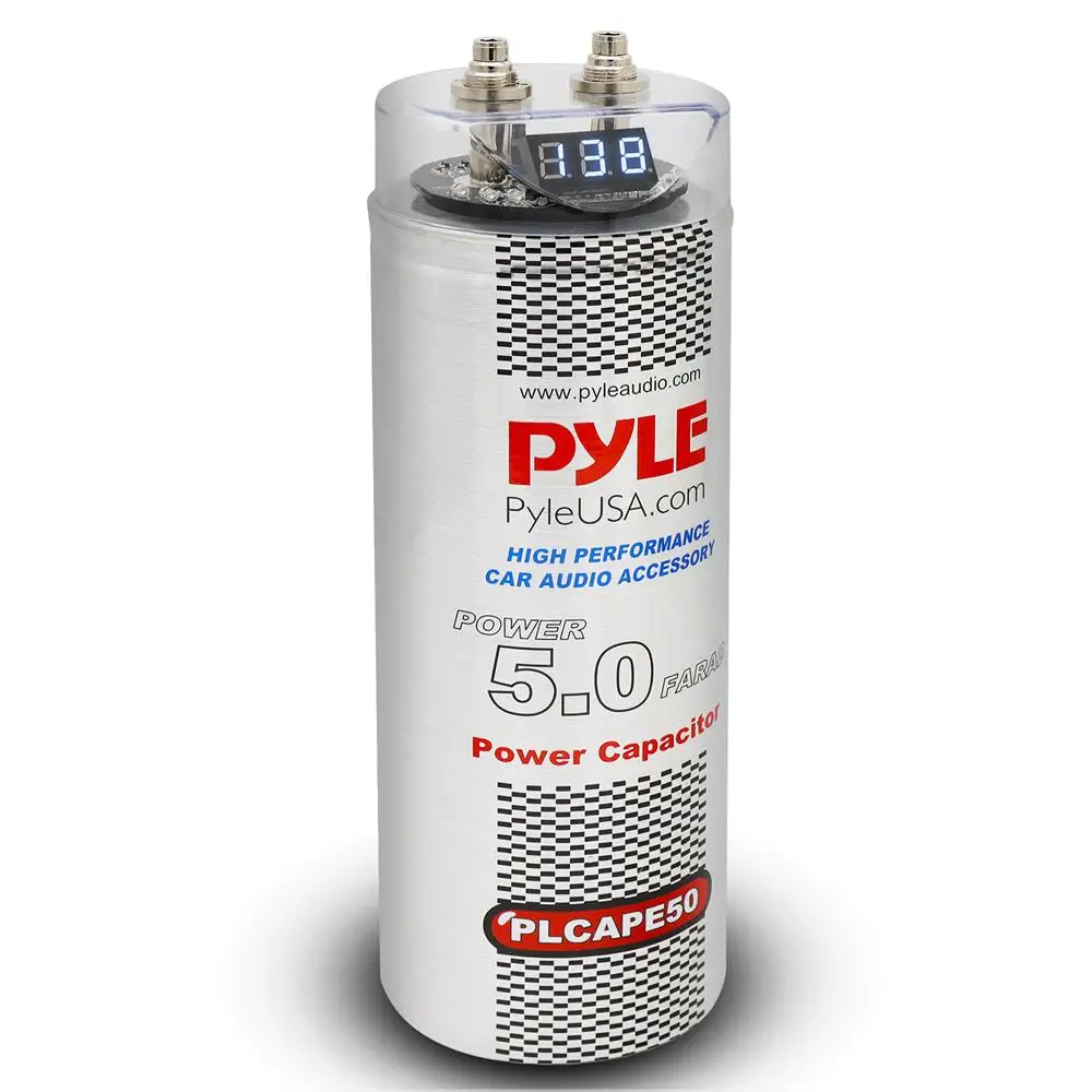 Pyle 5.0 Farad Digital Power Capacitor - High-Performance Car Audio Accessory with Blue Digital Display, Voltage Readout
