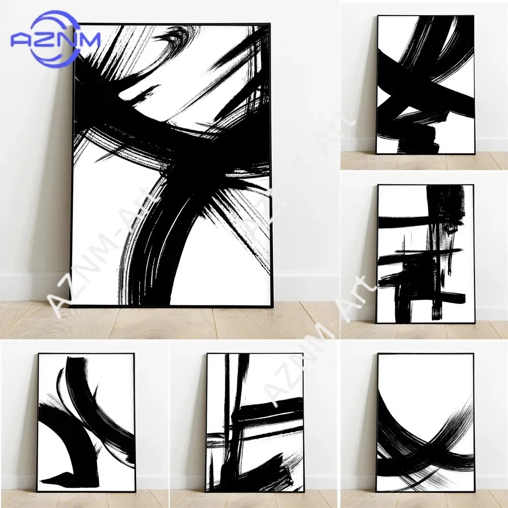 Abstraktes Leinwandgemälde, Poster, minimalistischer Schwarz-Weiß-Pinselstrich-Druck, moderne Galerie-Wanddekoration, Dekoration für Zuhause und Wohnzimmer