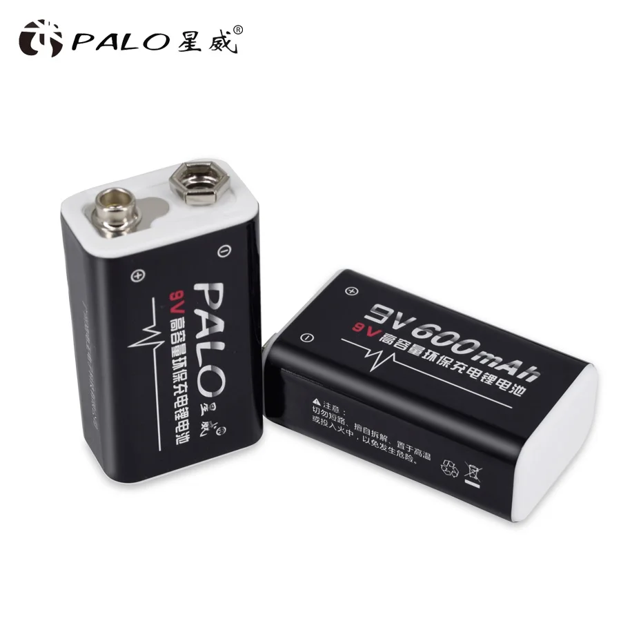 Palo 100% original 600mah 9v li-ion bateria recarregável 9v baterias de lítio para microfone sem fio guitarra brinquedos detector de metais