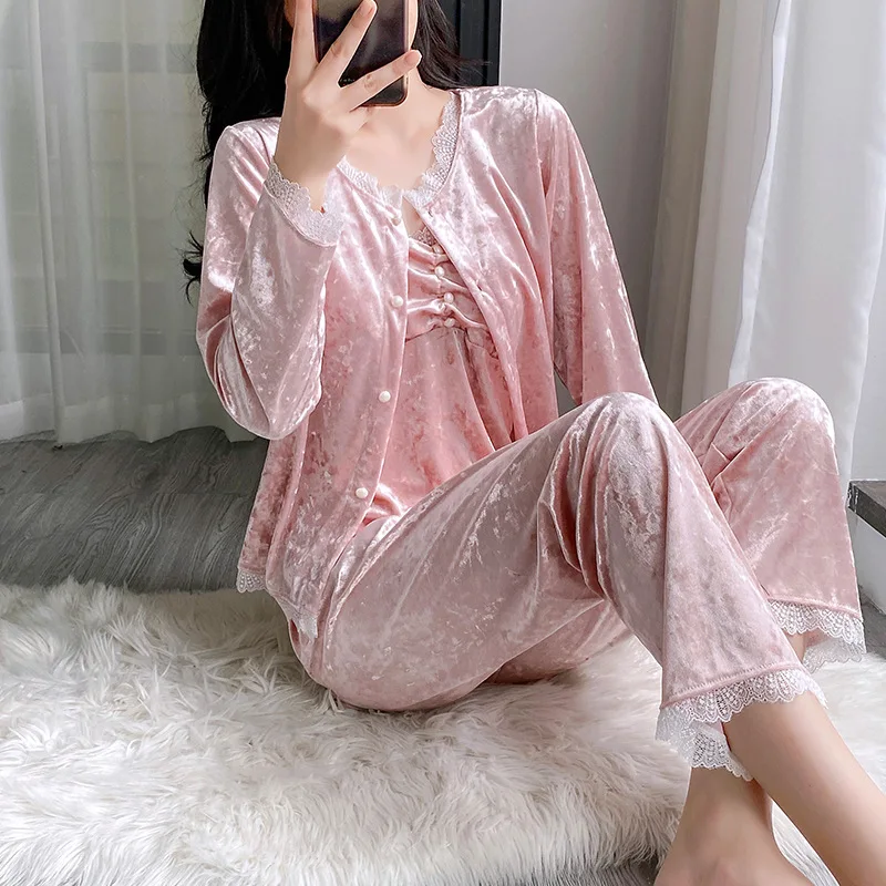 

3pc Velour Robe Pajamas Set Autumn Lace Velvet Bathrobe Pyjamas Sleep Suit Spring Women Long Sleeve Sleepwear Nightwear Homewer