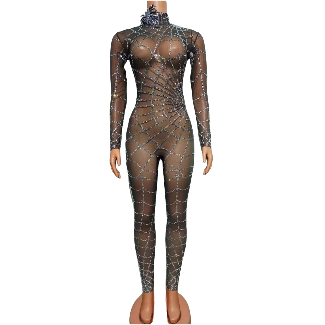 

See Through Sheer Mesh Sparkle Jumpsuits For Women Spider Pattern Mardi Gras Carnival Celebrate Photography One Piece Bodysuits