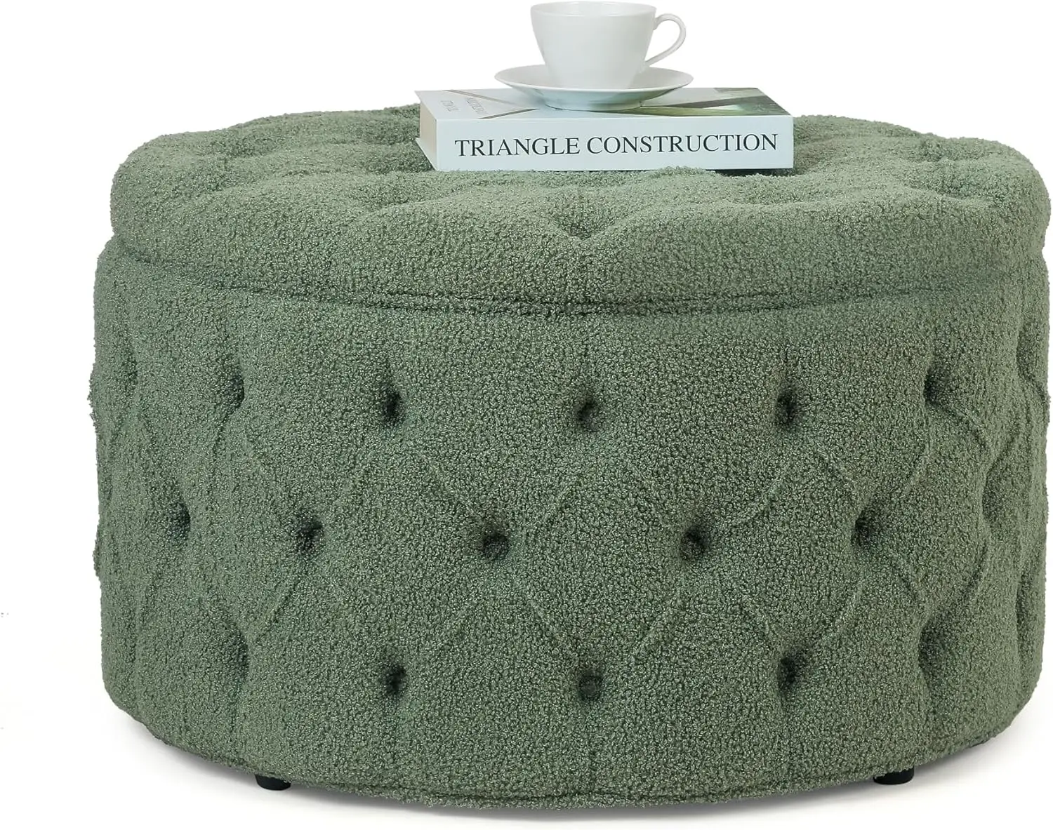 28 Inch Faux Fur Round Storage Ottoman, Button Tufted Footrest Stool Bench Coffee Table for Living Room,Green