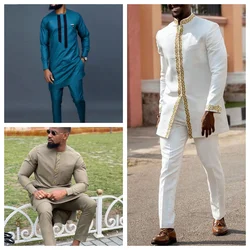 New Men's Temos Wedding Two Piece Suit Men's Dress Long Pants Shirt Solid Color Long Sleeve Party African Ethnic Style Clothing