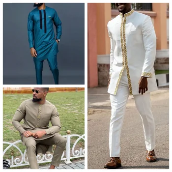 Tenue de Mariage Deux Pièces pour Homme, Chemise à Manches sulf, Pantalon Long, Vêtement de Style Ethnique Africain, Nouvelle Collection