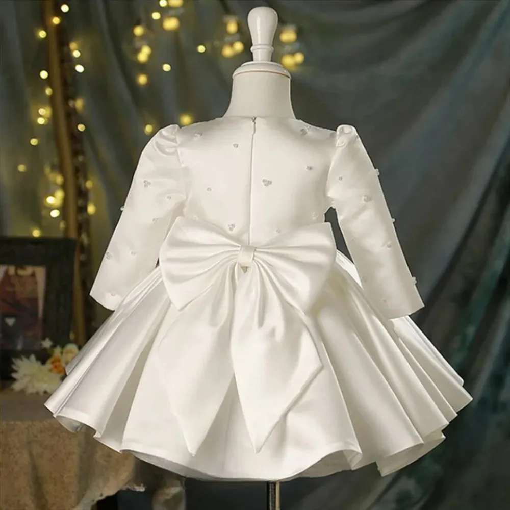 فستان زفاف أنيق لفتاة الزهور من الساتان واللؤلؤ مع فيونكة للأطفال البنات فستان حفلات أعياد الميلاد للأطفال للتعميد بالتواصل #2