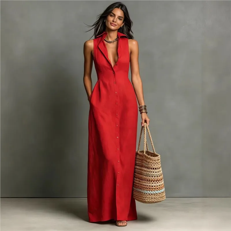 

Summer Women's Solid Color Sleeveless Button Down Shirt Style Long Skirt With Pockets, Suitable For Casual Commuting Dresses