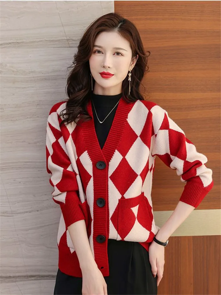 Sweater Coat Cardigan Ladies Spring And Autumn New Lazy Wind V-Neck Plus Size Solid Color Checkerboard Sweater Pocket Soft Coat