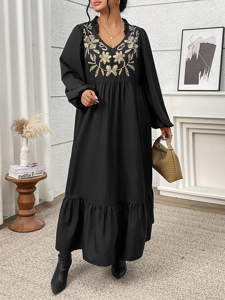 GIBSIE Plus Größe Vintage Stickerei V-ausschnitt Laterne Hülse Rüschen Saum Kleid Frauen 2025, Herbst Schwarz Casual Lose Maxi Langes Kleid