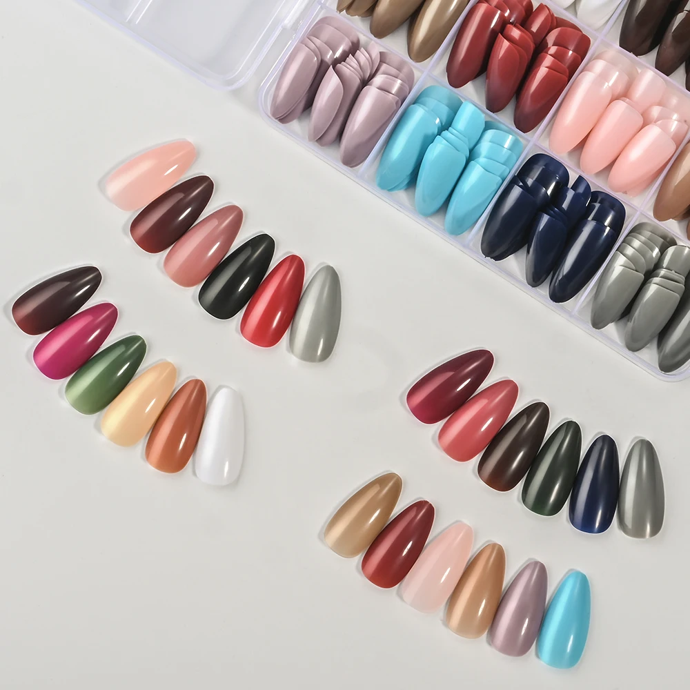 288 قطعة لامعة أحمر/أخضر/أزرق/أبيض اللوز الأظافر كاذبة متوسطة الطول بلون غطاء كامل اضغط على الأظافر الاكريليك الأظافر وهمية # ر2