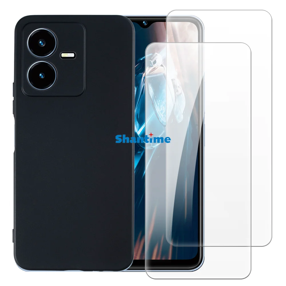 Soft Case + 2 Pack Tempered Glass Screen Protectors for Vivo Y22S, Y22 2022 Full-Body Protection