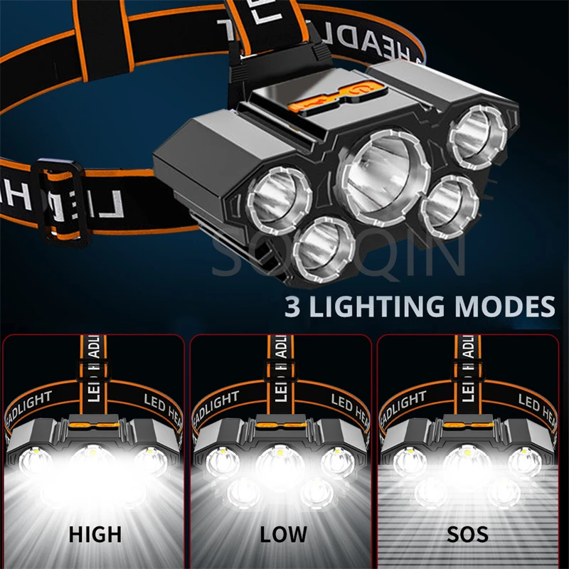 Brightest USB Rechargeable headlamp Headlight high powerful 5 LED head lamp torch Head light built in Rechargeable 18650 Battery