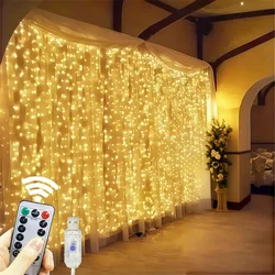 New Year Curtain Lights 8 Modes Christmas Holiday LED Decoration Lights Bedroom String Garland Lighting with Remote Control