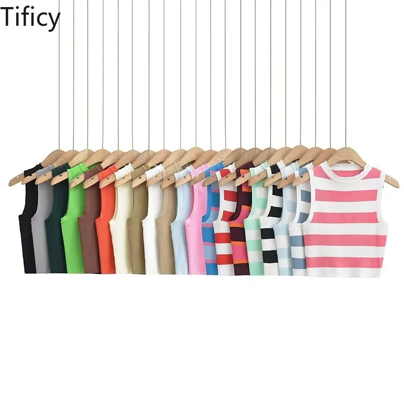 

Сертифицированный Весенний Новый женский пуловер в европейском и американском стиле с круглым вырезом без рукавов полосатый короткий трикотажный топ