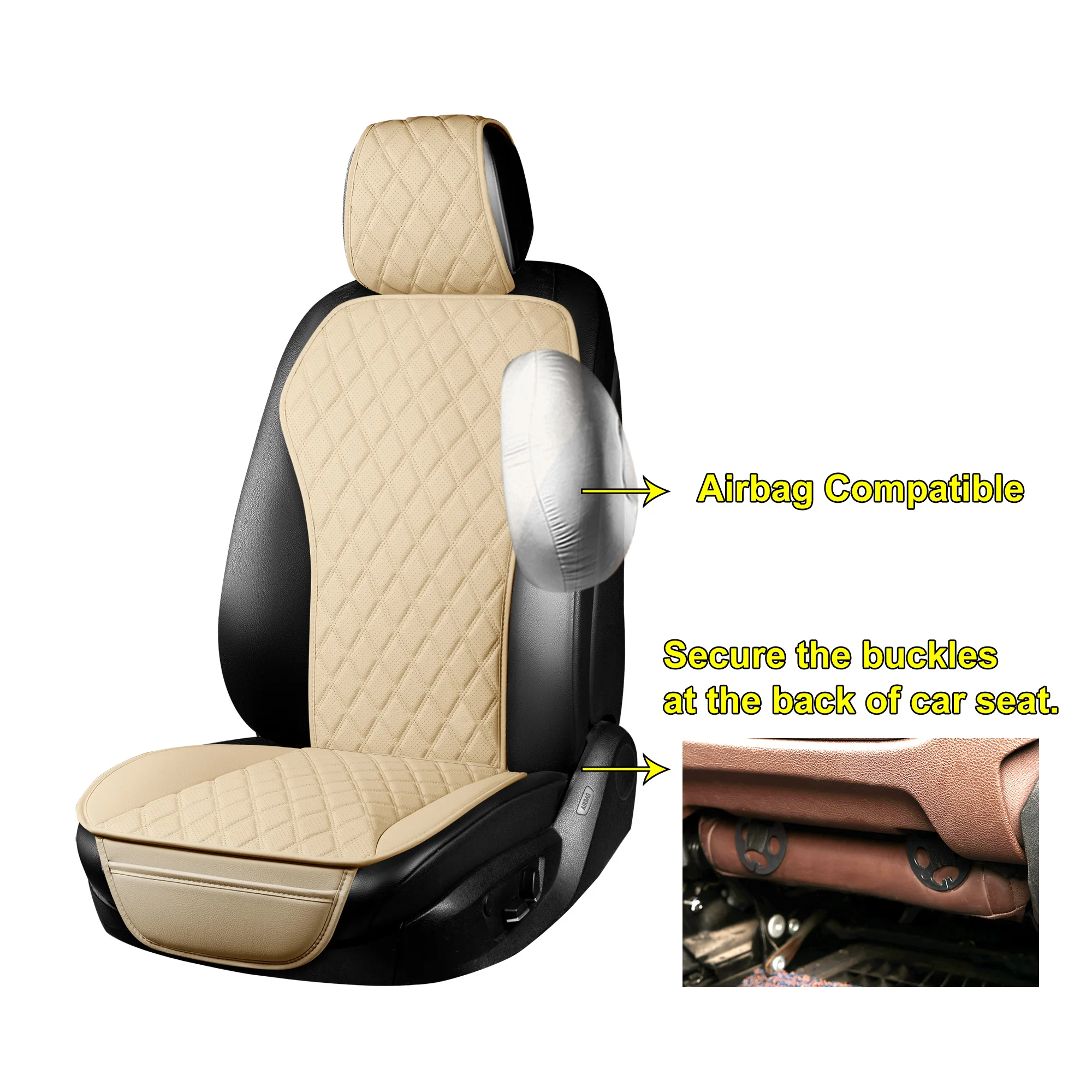 Car Seat Cushion Set, PU Leather, Double Lined Lattice, Waterproof and Wear-resistant, Four Seasons (Beige)