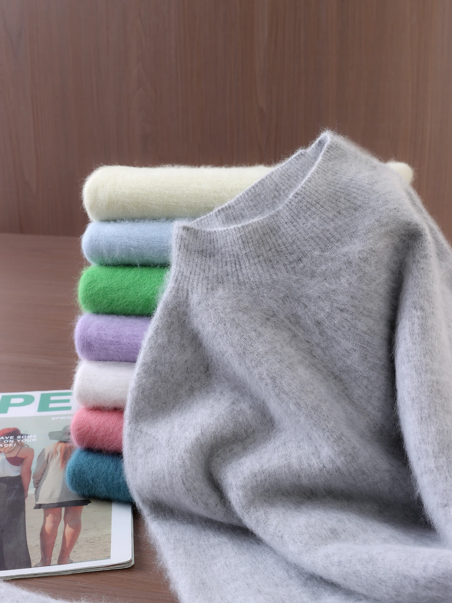 

Elegant Fashion Fluffy Short Women Winter 100% Long Mink Cashmere Warm Long Sleeves Pullover Solid Color Women Sweater