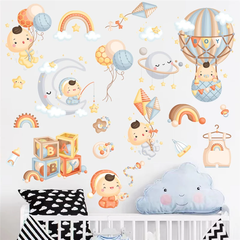 

Cartoon Baby Playing With Balloon Moon Star Wall Sticker For Kids Bedroom Decoration Diy Space Mural Art Home Decals Pvc Poster