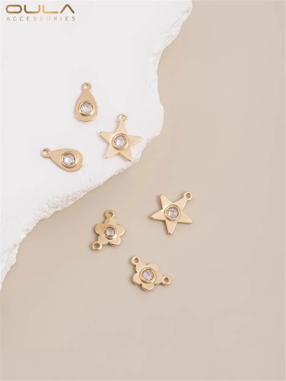 

14K Bag Gold Color Diamond Five-pointed Star Double Hanging Small Flower Water Drop Shape Zircon Pendant Diy Earrings Hanging