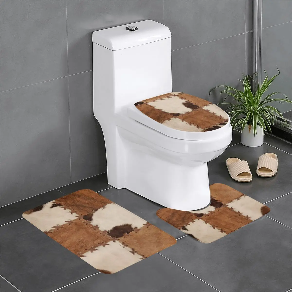 

Лоскутная воловья кожа в деревенском стиле, западный декор, 3-х предметный коврик для ванной, набор для ванной комнаты, крышка для унитаза, домашний декор, нескользящий ковер, напольный ковер