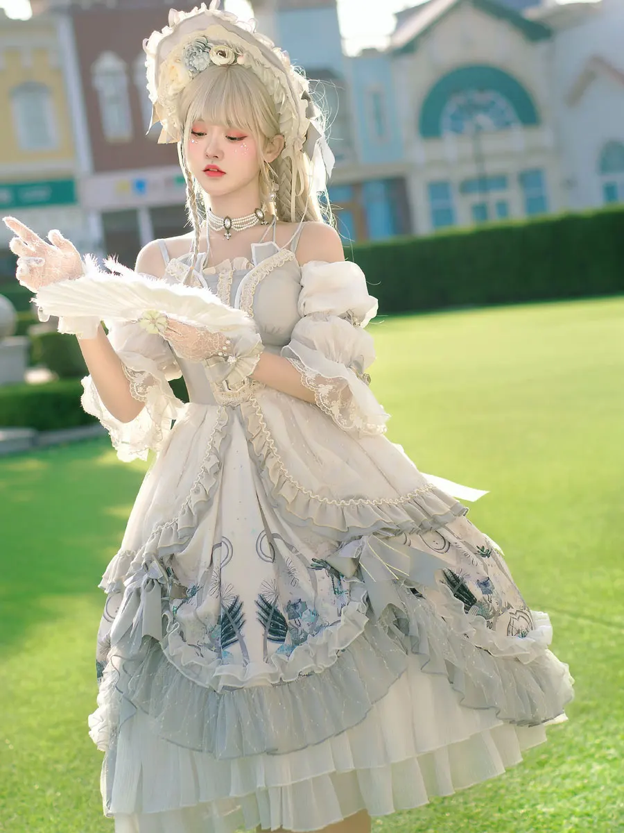 Sweet Lolita Weddin Dress Floral Print Light Gray Rose Girl Elegant  Lolita  Full Sets