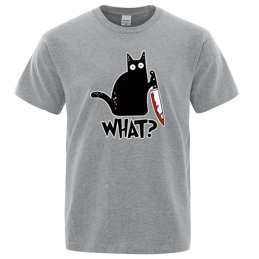 Funny Knife Cat Cartoon Printed T-Shirt Men Fashion Casual Short Sleeves Loose Oversized Cotton Tshirt Summer Breathable Tees